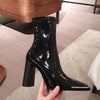 Winter New Metal Buckle Square Toe Sleeve High Heel Elastic Thick Heel Bright Leather Boots