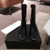 Winter New Metal Buckle Square Toe Sleeve High Heel Elastic Thick Heel Bright Leather Boots