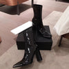 Winter New Metal Buckle Square Toe Sleeve High Heel Elastic Thick Heel Bright Leather Boots