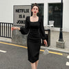 Woman Square-neck Lantern Bubble Long Sleeve Dress