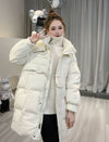 Off-season Hooded Down Jacket Women&#39;s Mid-length Horn Button Slimming White Duck Down