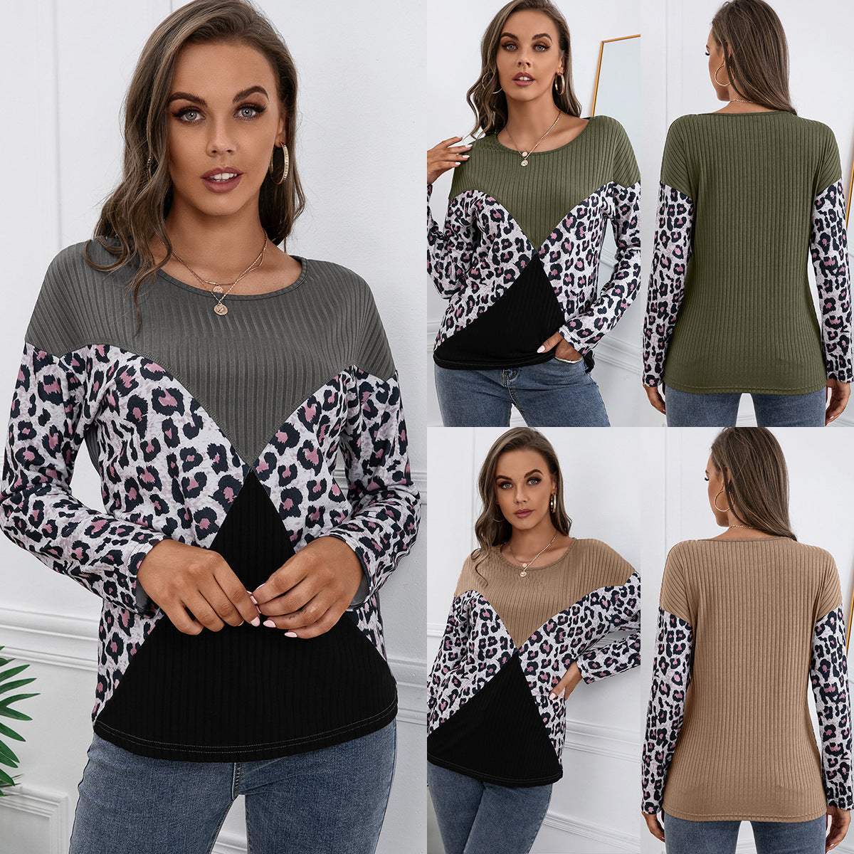 Leopard Print Stitching Casual Loose Long Sleeve Knitted Sweater Top Women