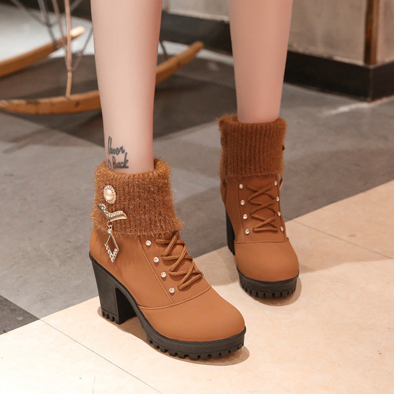 2021 new women's boots with coarse Martin boots female round high-heeled shoes in autumn and winter warm mix boots