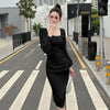 Woman Square-neck Lantern Bubble Long Sleeve Dress