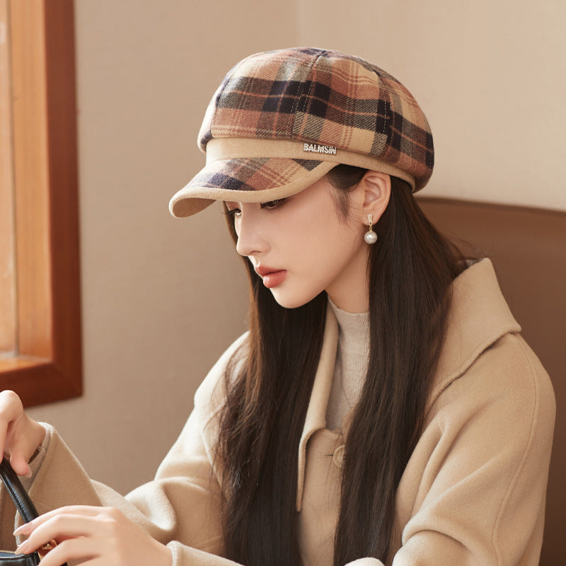 British Style Retro Plaid Octagonal Hat Autumn And Winter