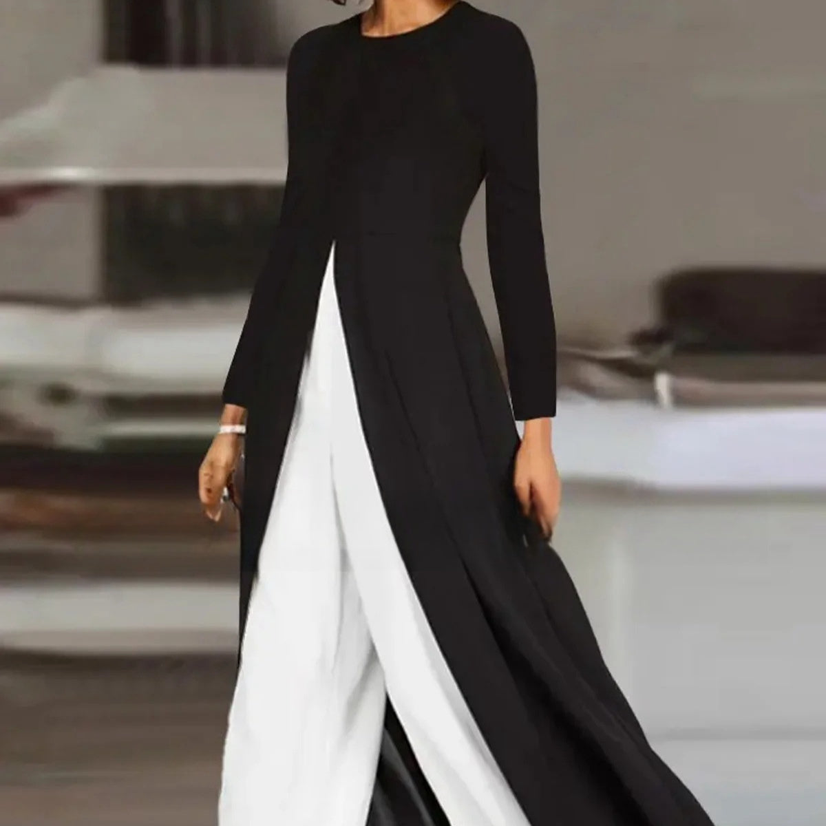 High Open Round-neck Long-sleeved Dress Solid Color Pants Fashion Suit