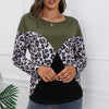 Leopard Print Stitching Casual Loose Long Sleeve Knitted Sweater Top Women