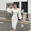 Woman Square-neck Lantern Bubble Long Sleeve Dress