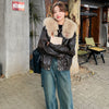 Real Shot Brown Rabbit Fur Liner Leather Jacket