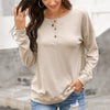 Round Neck Button Long Sleeve Casual Pullover Sweater Loose Top Women