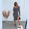 Autumn And Winter New Striped Printed Side Slit Elegant Dress