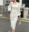 Woman Square-neck Lantern Bubble Long Sleeve Dress