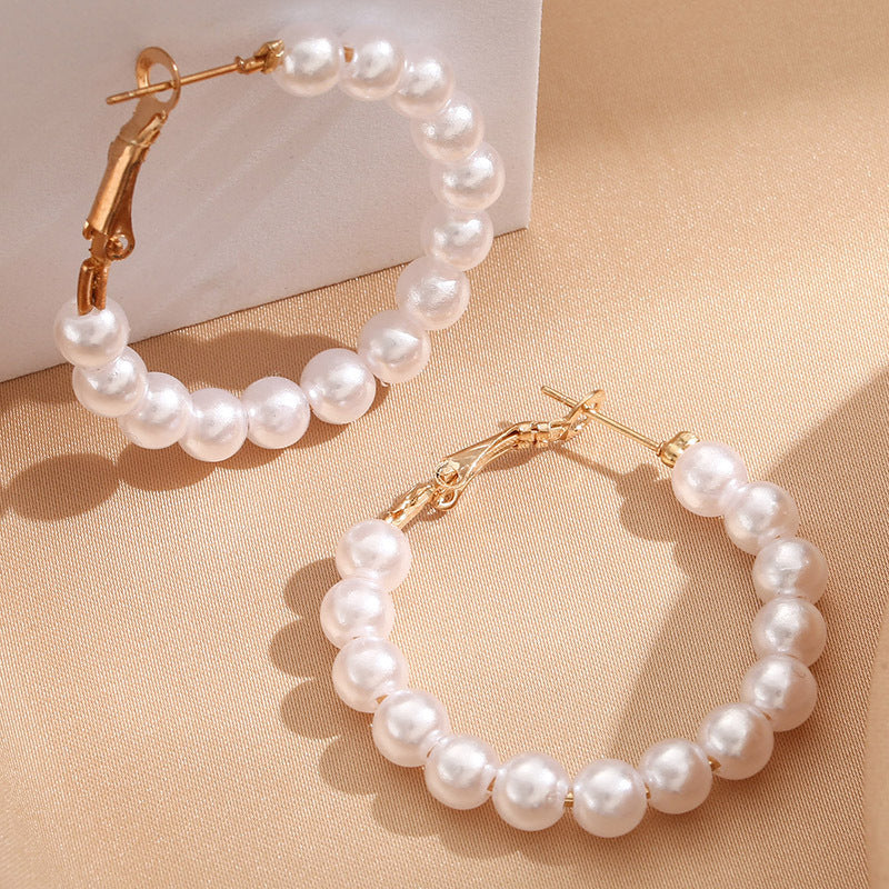 Large Circle And Pearl Earrings C- Shaped Handmade