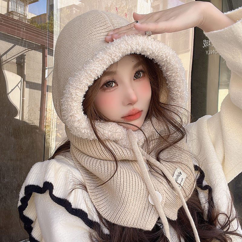 Korean Balaclava Hat Female Winter Warm Hat Scarf One Couple Earflaps Woolen Knitted Hat