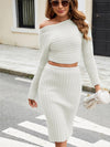 Knitted Two-piece Mid-length Hip Skirt Striped Long Sleeve Sweater